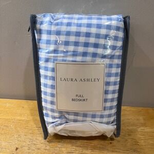 Laura Ashley Full Bedskirt Blue White Gingham Checkered Cotton Bedding NEW